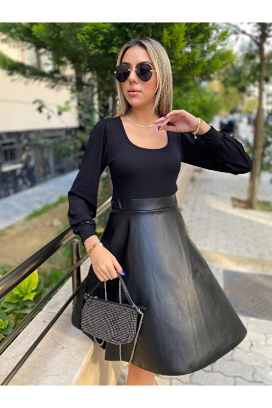 Kadın Uzun Kollu üst Viskon Alt Kloş Deri Elbise