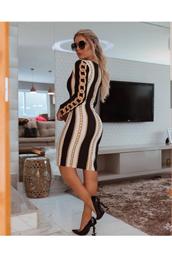 Kendim Fashion Kadın Uzun Kollu Bisiklet Yaka Scuba Midi Boy Elbise