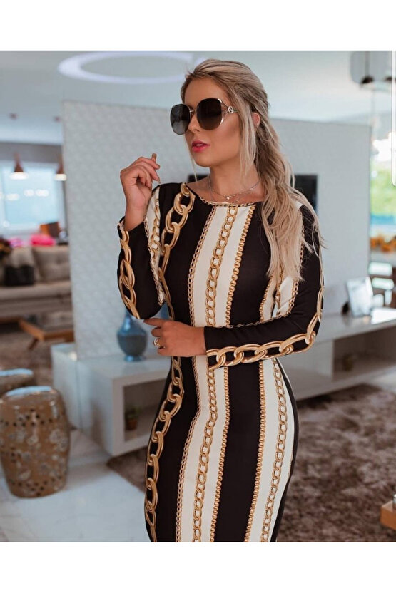 Kendim Fashion Kadın Uzun Kollu Bisiklet Yaka Scuba Midi Boy Elbise