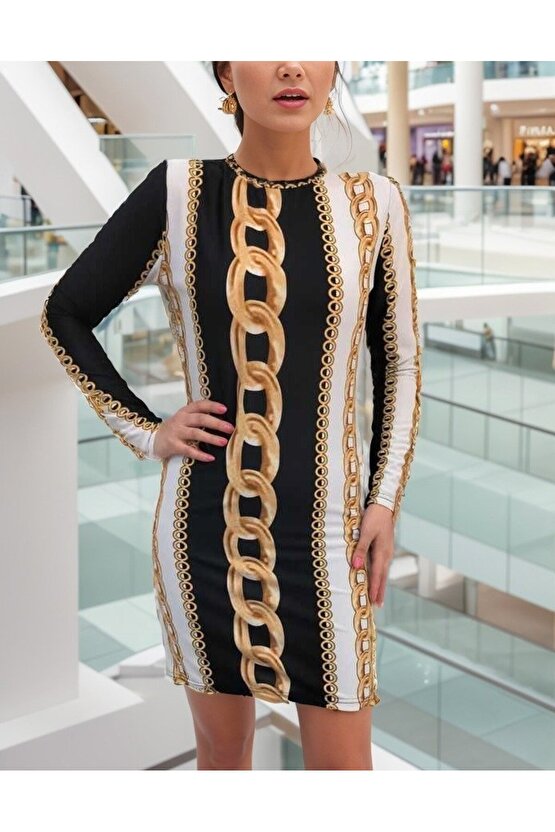 Kendim Fashion Kadın Uzun Kollu Bisiklet Yaka Scuba Midi Boy Elbise