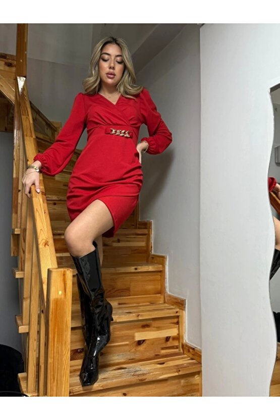 Kadın Uzun Kollu Kruvaze Yaka önden Asimetrik Detay Kısa Krep Elbise