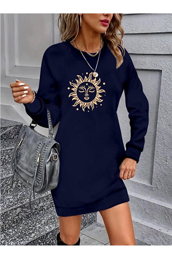 Kadın Uzun Kollu Bisiklet Yaka Güneş Desenli Viskon Iki Iplik Elbise