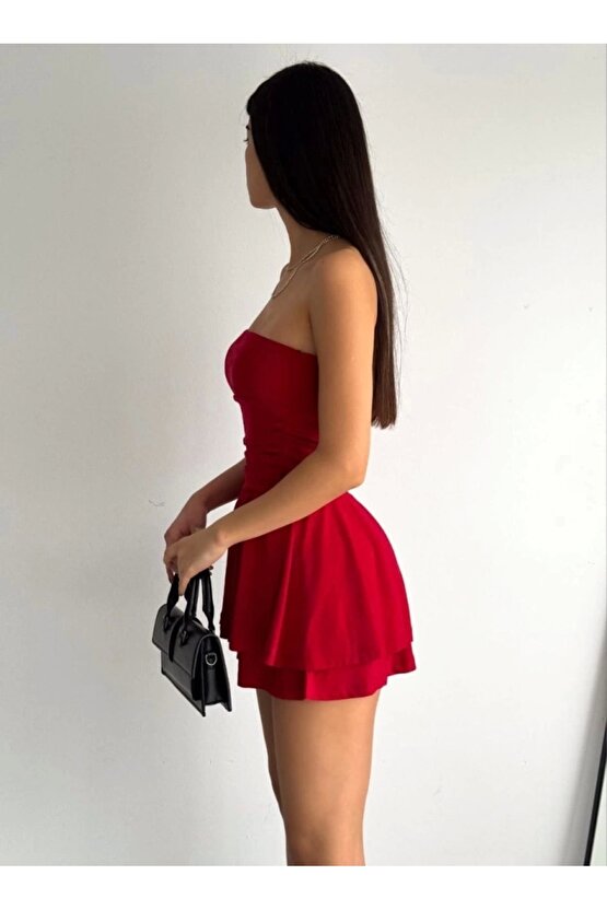 traplez andy Kumaş Şortlu Prenses Etek ini Kloş Elbise Kırmızı
