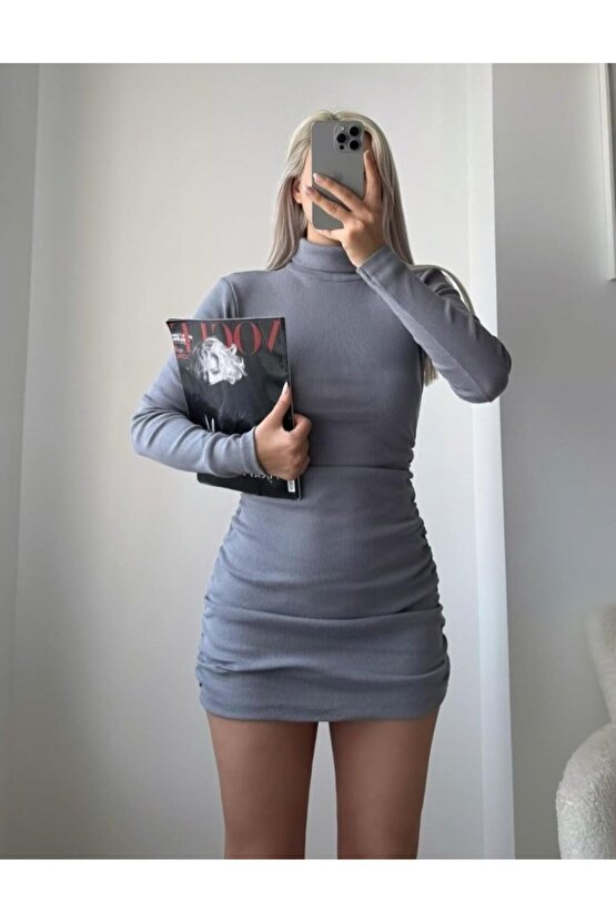 Kadın Uzun Kollu Balıkçı Yaka Büzgü Detay Kaşkorse Kumaş Mini Elbise
