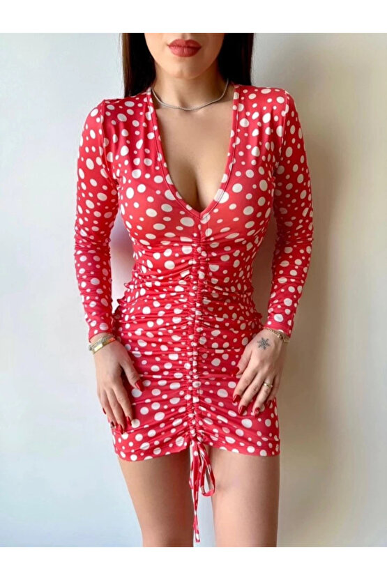 MDB Kadın V Yaka önü Asansör Büzgü Detay Fırsat ürün Puantiyeli ini Elbise