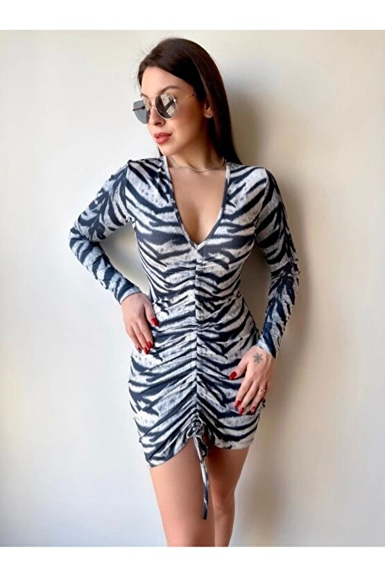 Kadın V Yaka önü Asansör Büzgü Detay Fırsat ürün Puantiyeli ini Elbise