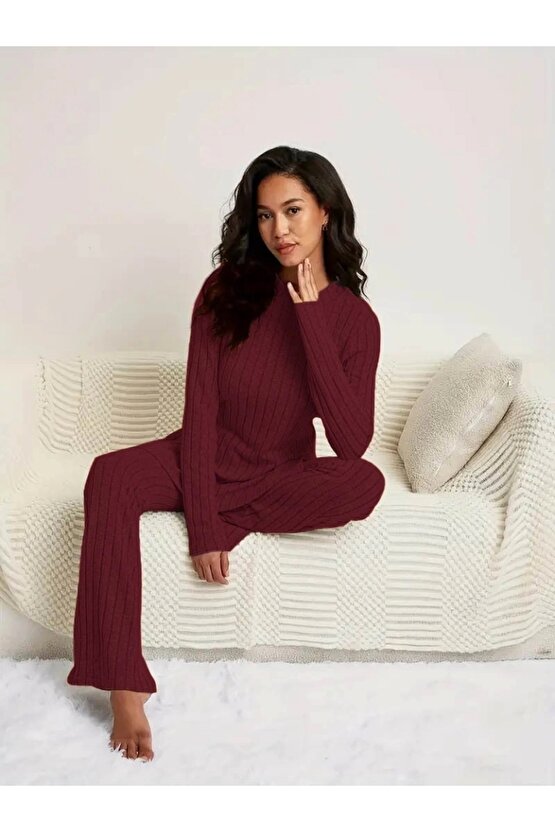 Kadın Uzun Kollu Yuvarlak Yaka Yandan Yırtmaç Detaylı şardonlu Kaşkorse Bluz Ve Pantolon Ikili Takım