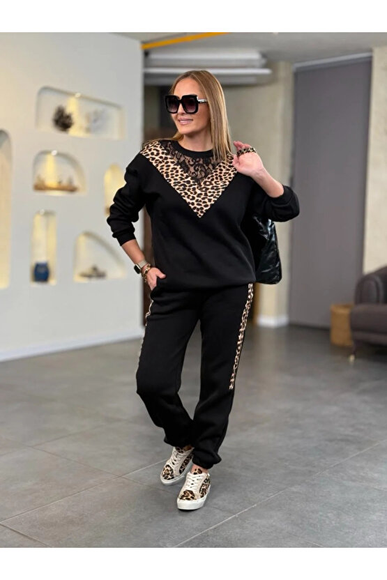 MDB Kadın üç Iplik Kumaş Leopar Desenli Dantel Detaylı Ikili Takım