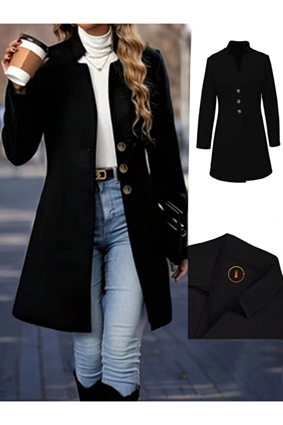 Kadın Uzun Kollu Hakim Yakalı önden Düğmeli Ithal Kaşe Astarsız Kısa Kaban