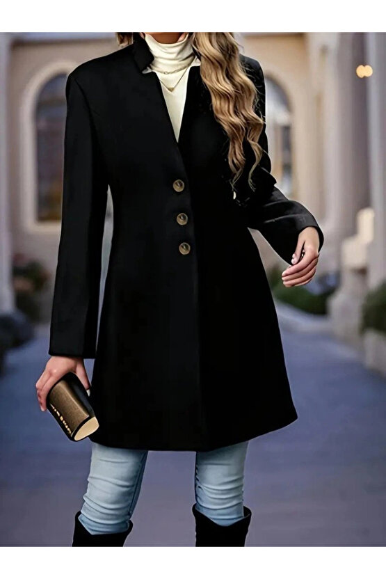 Kadın Uzun Kollu Hakim Yakalı önden Düğmeli Ithal Kaşe Astarsız Kısa Kaban