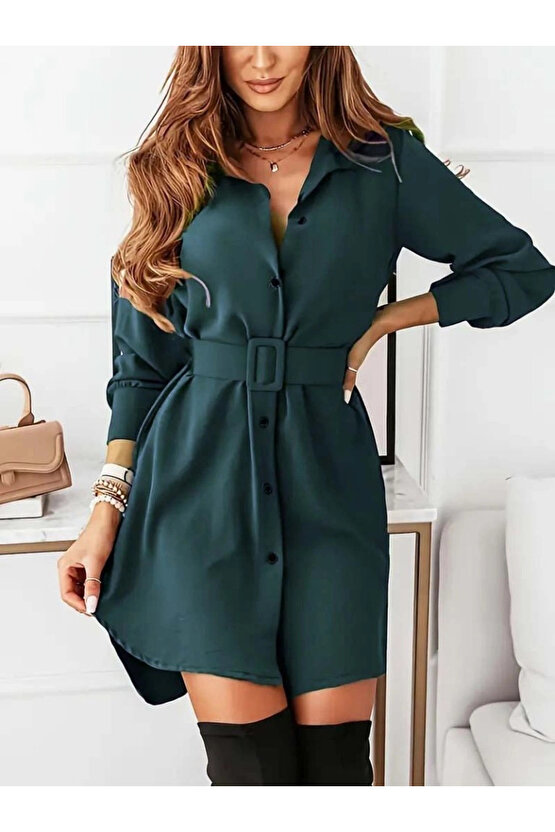 Kadın Uzun Kollu Yakalı Belden Kemerli Kıs Ithal Krep Elbise