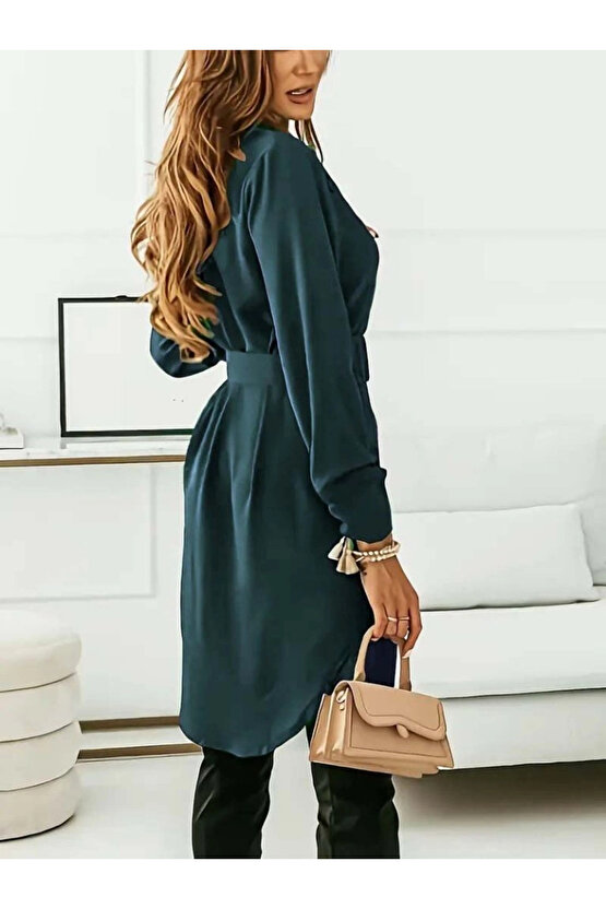 Kadın Uzun Kollu Yakalı Belden Kemerli Kıs Ithal Krep Elbise