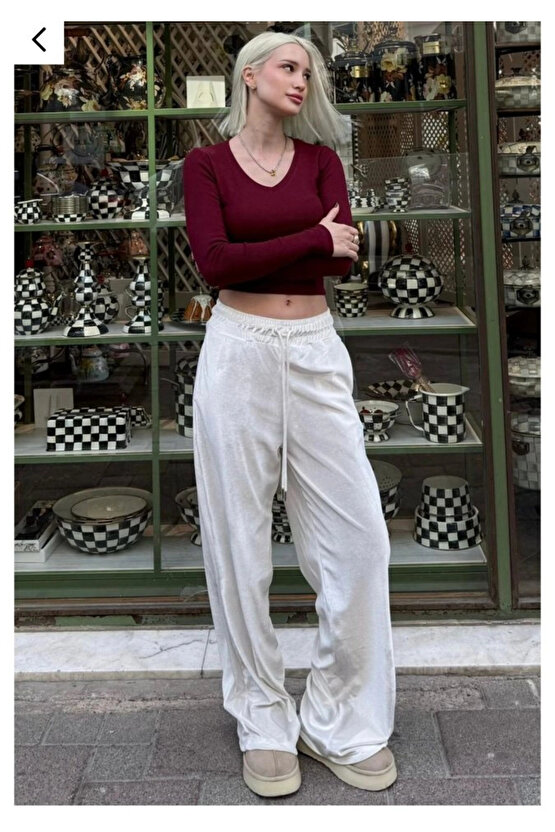 Kadın Yüksek Ben Beli Lastik Detay Kadife Kumaş Bol Paça Pantolon