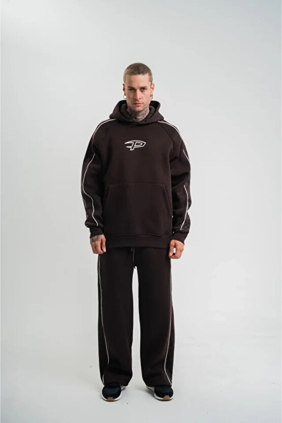 MDB Uzun Kol Kapşonlu Ara Biyeli Baggy Eşofman Takım Kahve