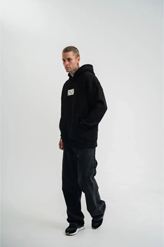 Unisex Kapşonlu Uzun Kol Patchli Nakışlı SweatShirt - Siyah