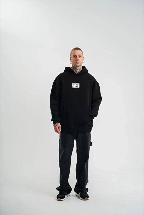 Unisex Kapşonlu Uzun Kol Patchli Nakışlı SweatShirt - Siyah