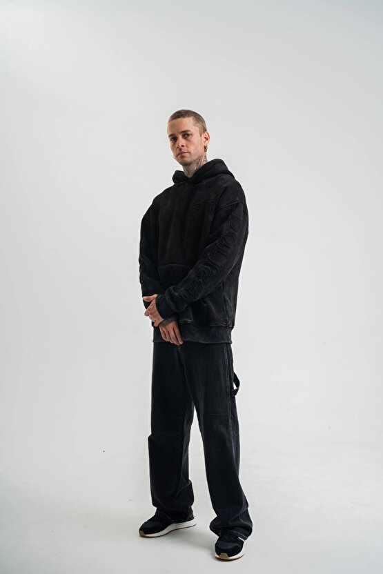Unisex Uzun Kol Kapşonlu Yıkamalı Nakışlı SweatShirt - Siyah