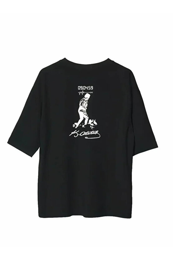 Unisex Bisiklet Yaka Baskılı Oversize T-Shirt - Siyah