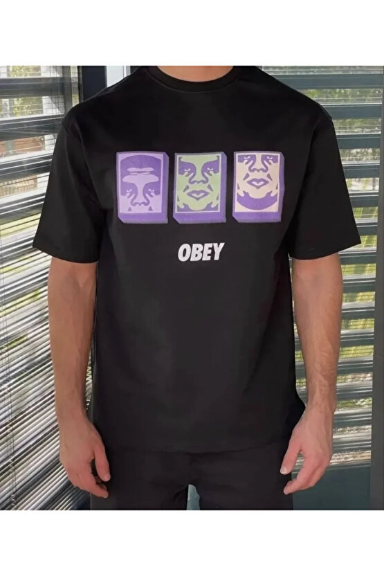 Unisex Bisiklet Yaka Baskılı Oversize T-Shirt - Siyah