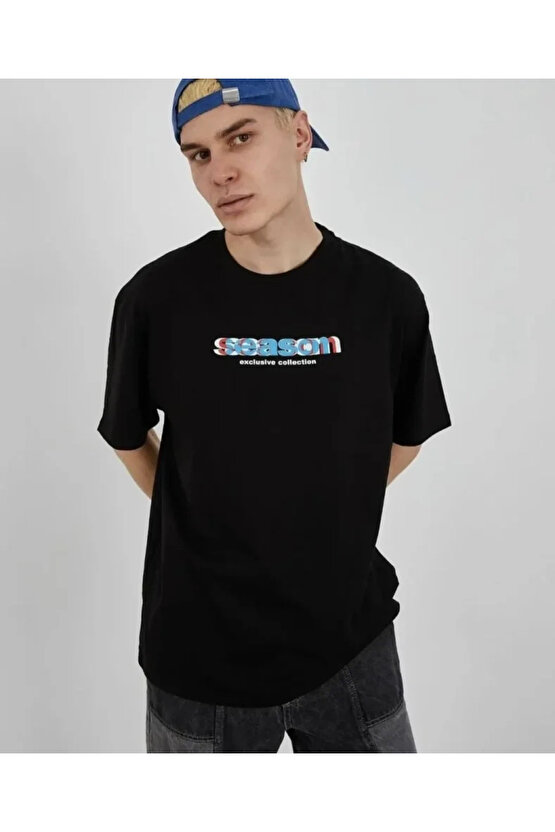 Unisex Bisiklet Yaka Baskılı Oversize T-Shirt - Siyah