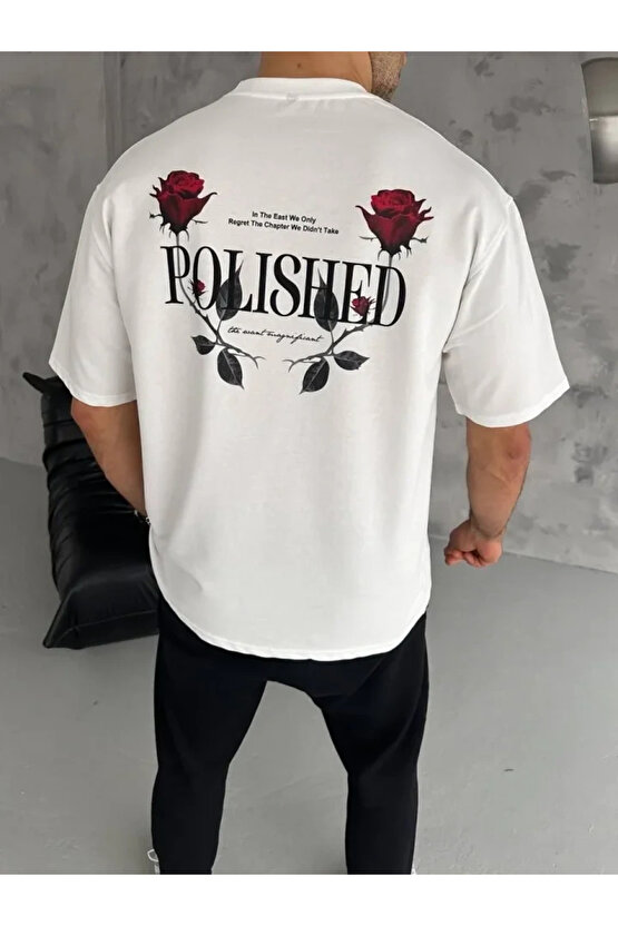 Unisex Bisiklet Yaka Baskılı Oversize T-Shirt - Beyaz