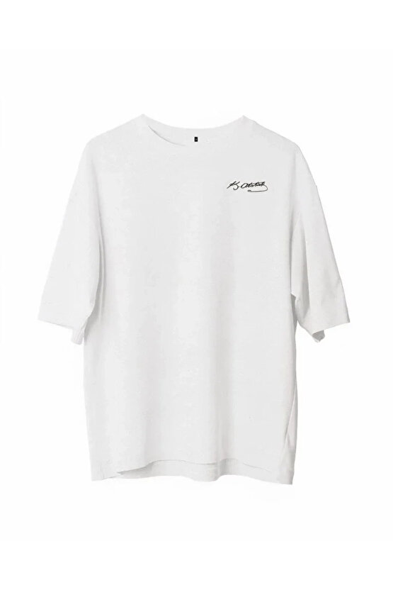 Unisex Bisiklet Yaka Baskılı Oversize T-Shirt - Beyaz