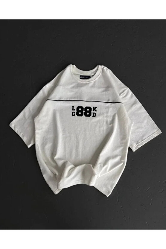 Unisex Bisiklet Yaka Baskılı Oversize T-Shirt - Beyaz