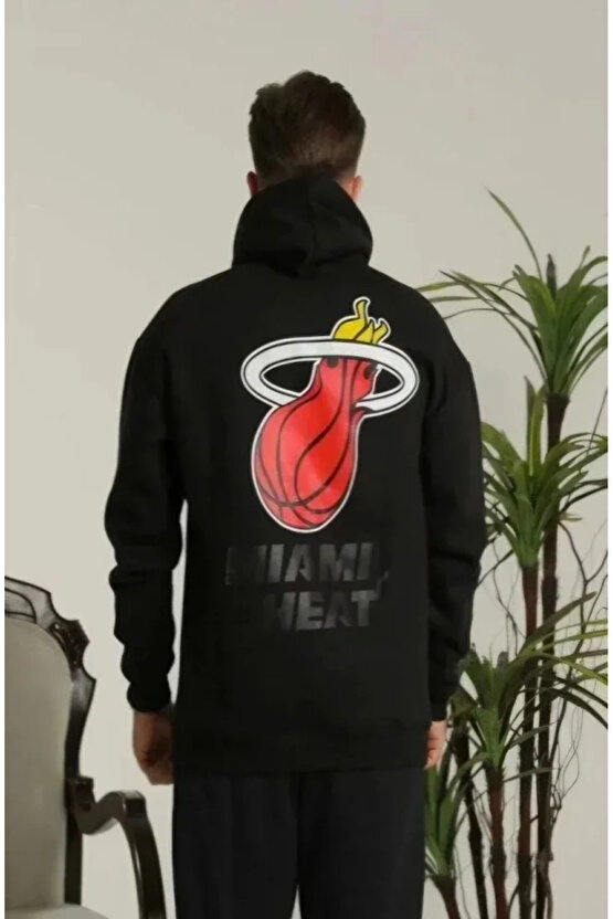 Unisex Kapşonlu Baskılı Sweetshirt - Siyah