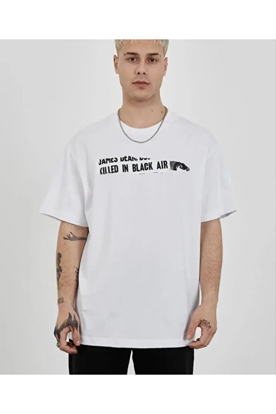 Unisex Bisiklet Yaka Baskılı Oversize T-Shirt - Beyaz