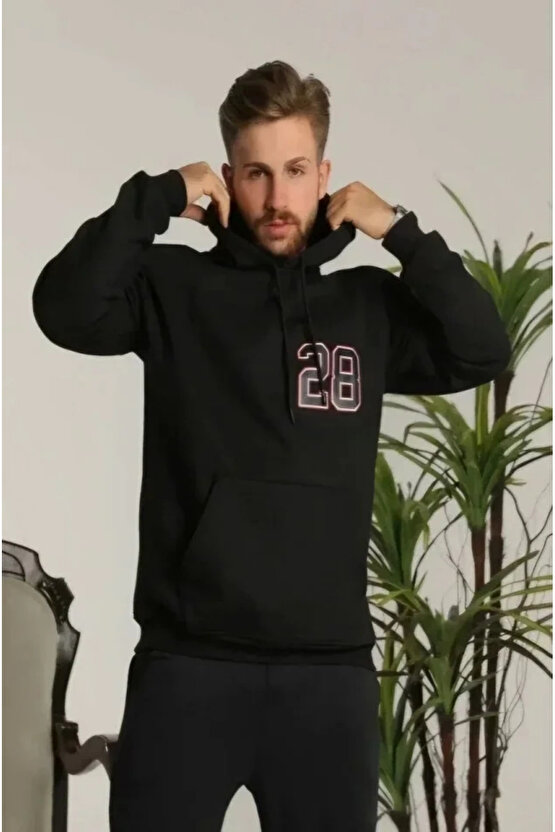 Unisex Kapşonlu Baskılı Sweetshirt - Siyah