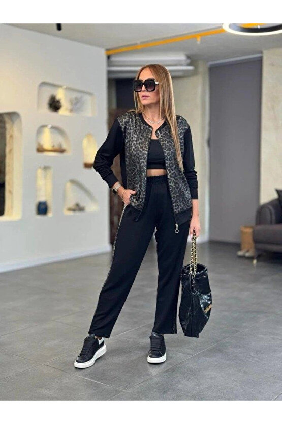 Kadın Uzun Kollu önden Fermuarlı Leopar Desenli Viskon Iki Iplik Bluz Ve Pantolon Ikili Takım