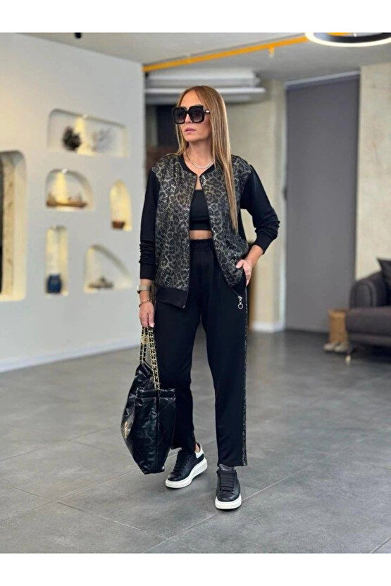 Kadın Uzun Kollu önden Fermuarlı Leopar Desenli Viskon Iki Iplik Bluz Ve Pantolon Ikili Takım