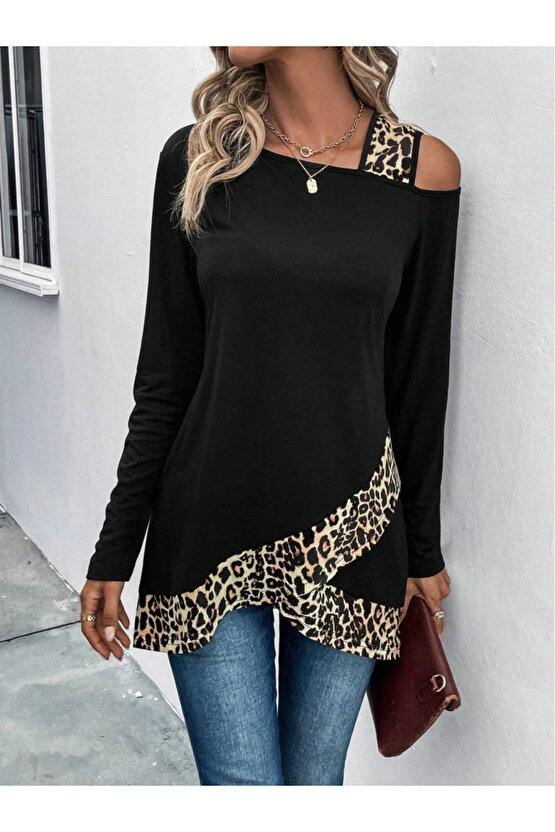 Kadın Tek O Uzdan Açık Askılı Uzun Kollu Leopar Detaylı Viskon Bluz