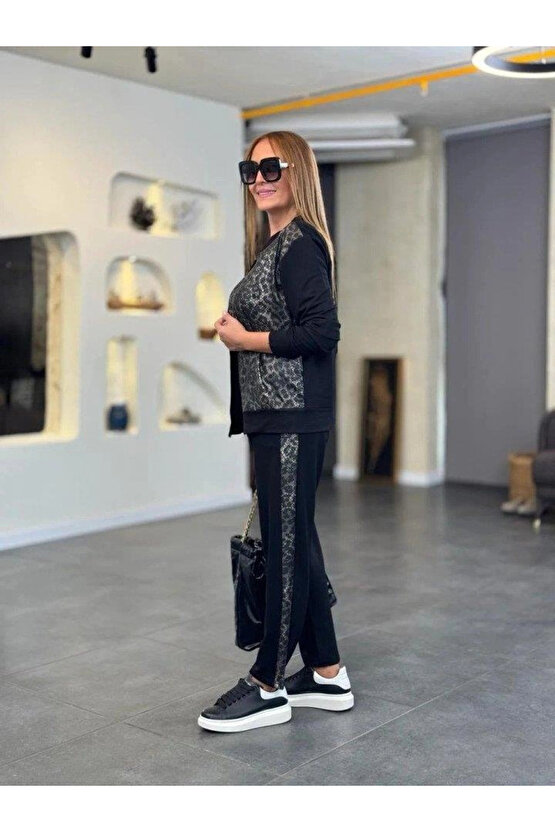 Kadın Uzun Kollu önden Fermuarlı Leopar Desenli Viskon Iki Iplik Bluz Ve Pantolon Ikili Takım