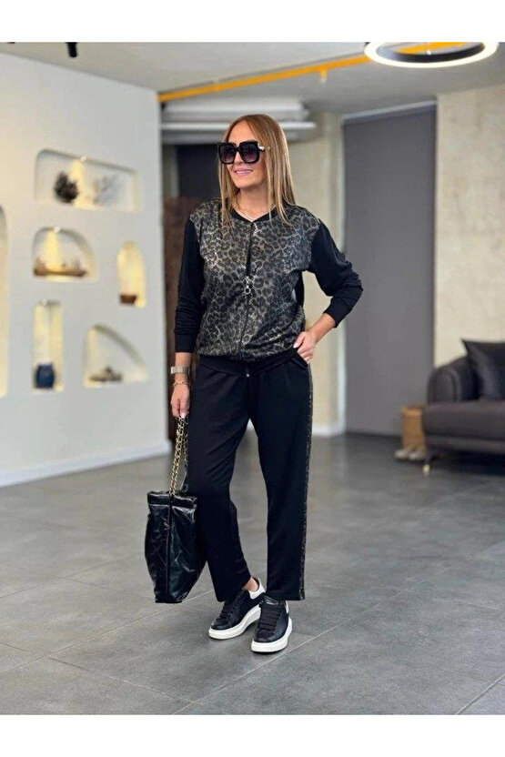Kadın Uzun Kollu önden Fermuarlı Leopar Desenli Viskon Iki Iplik Bluz Ve Pantolon Ikili Takım