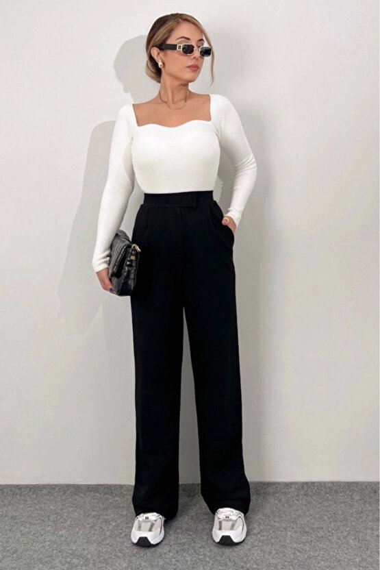 Kadın Yüksek Bel Cepli Cırt Kapama Janjan Krep Pantolon