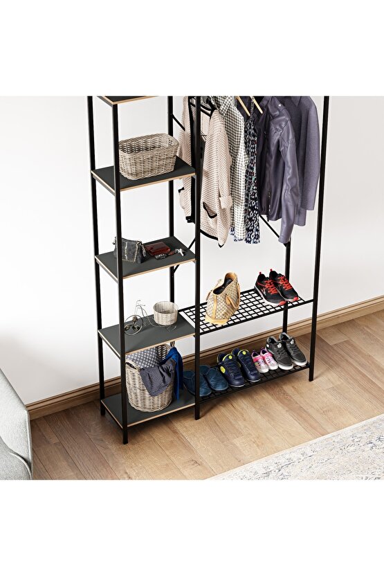 Metal Ayaklı Mdf Raflı Askı Elbise Askısı Çok Amaçlı Dolap Gardrop