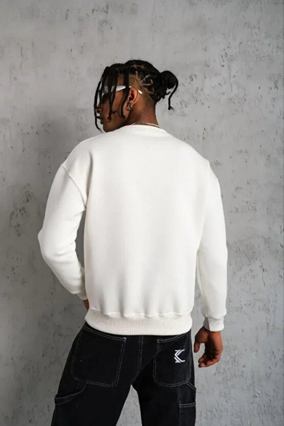 Erkek Düz Bisiklet Yaka Sweat - Beyaz