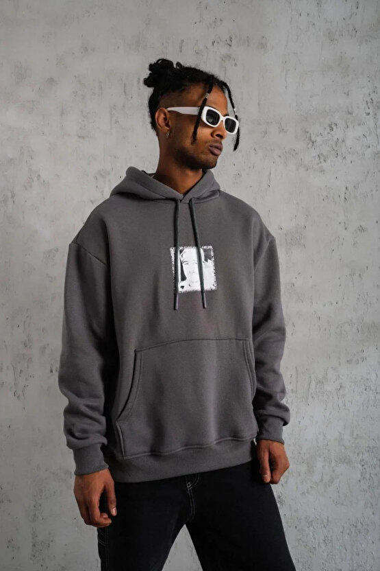 Erkek Ön Arka Baskılı Kapşonlu Sweat - Gri