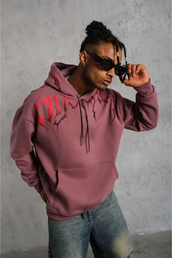 Dua Giyim Erkek Ön Ve Arka Baskılı Kapüşonlu 3 İplik Sweatshirt - Gül Kurusu