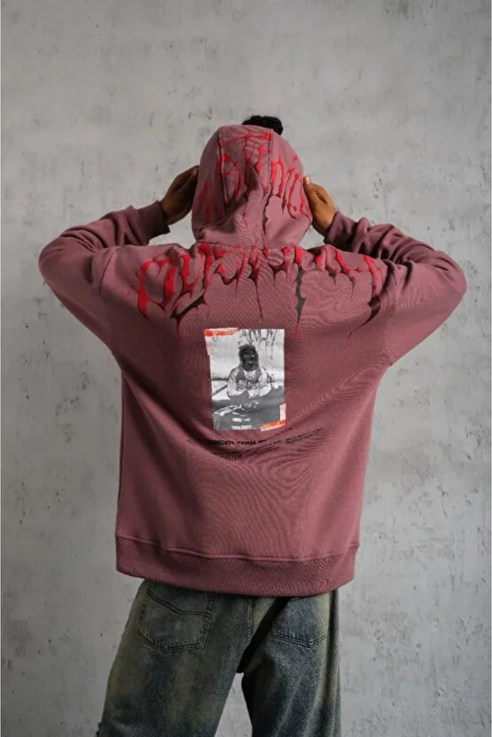 Dua Giyim Erkek Ön Ve Arka Baskılı Kapüşonlu 3 İplik Sweatshirt - Gül Kurusu