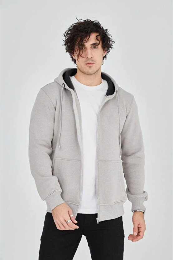 EQURİ Erkek Kapüşonlu Düz Fermuarlı Hırka - Boyalı Gri