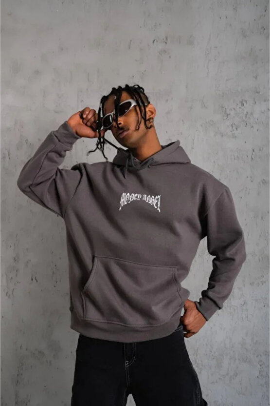 EQURİ Erkek Kordon İpli Baskılı Kapüşonlu Sweatshirt - Füme