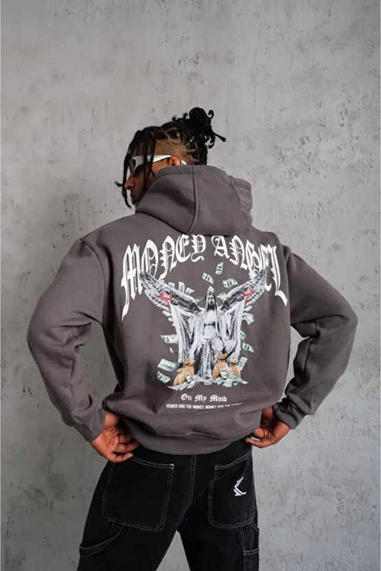 EQURİ Erkek Kordon İpli Baskılı Kapüşonlu Sweatshirt - Füme