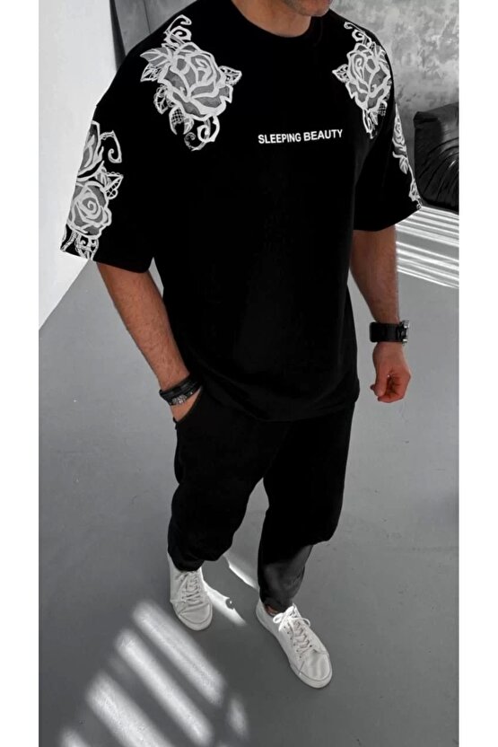 EQURİ Unisex Flok Kabartma Baskılı T-Shirt - Siyah