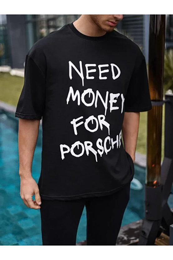 Unisex Bisiklet Yaka Baskılı Oversize T-Shirt - Siyah