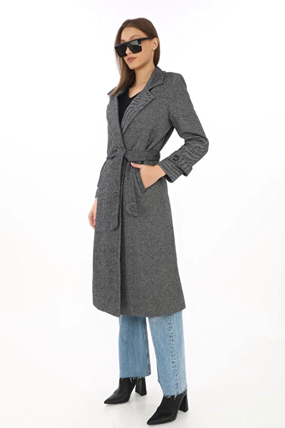 Kadın Astarlı Balık Sırtı Kaşmir Kaşe Kaban - Füme