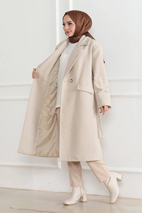 Kadın Düğmeli İçi Astarlı Kaşmir Kaşe Kaban - Bej