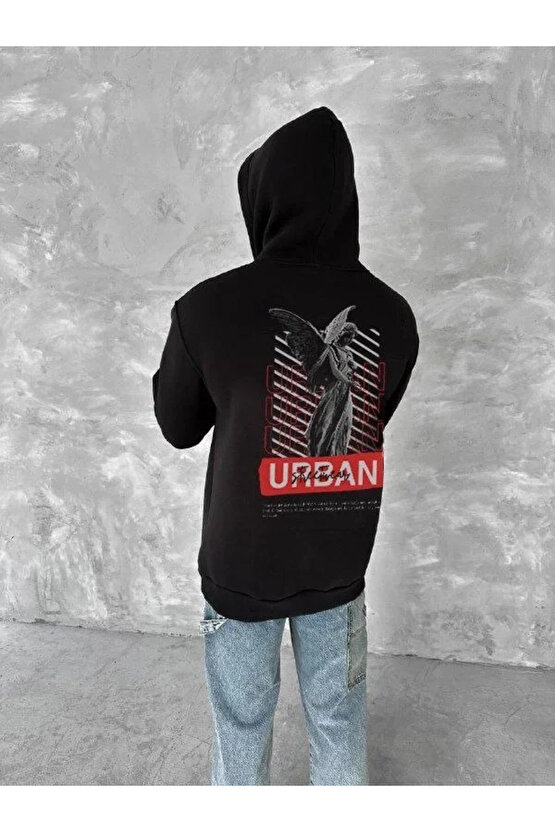 Oversize Üç İplik Kapüşonlu SweatShirt - Siyah
