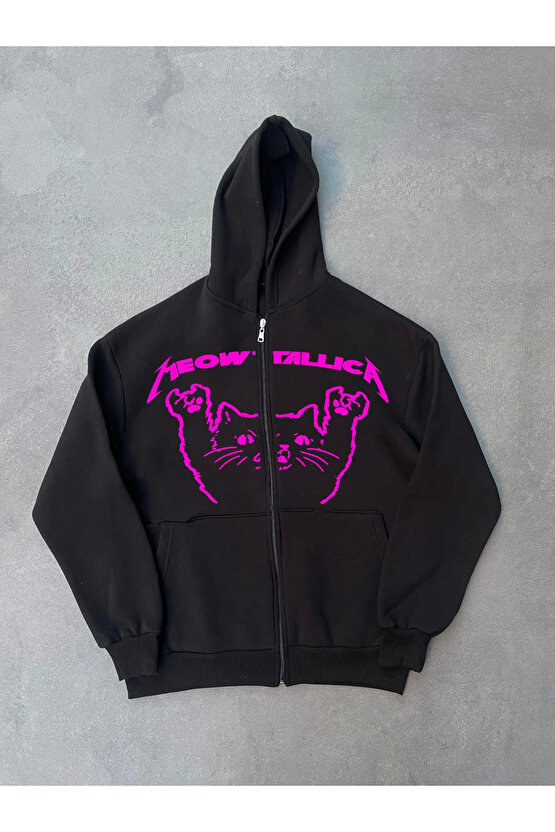 Kışlık Baskılı Fermuarlı Kapüşonlu Hırka - Siyah